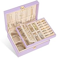 Voova Jewellery Box Organiser for Women Girls,2 Layers,Removal Tray,PU Leather Large Jewelry Storage Case with Necklace Hangers Removable Compartment for Necklace Earrings Rings Bracelets