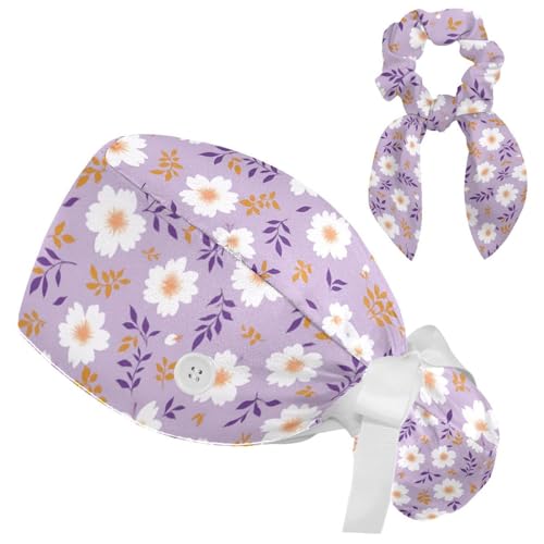Image of Butterfly Scrub Cap Women with Ponytail & Buttons Adjustable Surgical Nurse Hat with Cotton Sweatband for Long Hair
