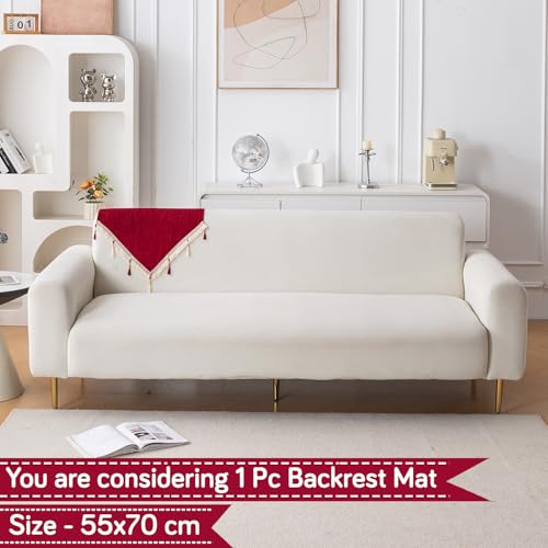 Image of HOKIPO 'Serenity Tassel' Chenille Sofa Back Cover with Tassels - 1 Pc Crimson Ruby (IN-894-MRN)