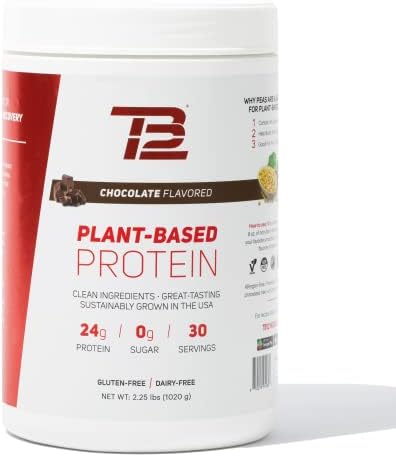 TB12 Plant Based Protein Powder by Tom Brady, 24g of Vegan Pea Protein, Low Sugar, Low Carb, Non-GMO, Meal Replacement, Keto Friendly, Paleo, Sugar Free, Chocolate Flavor (30 Servings/2.25lbs)