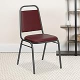 EMMA + OLIVER Trapezoidal Back Vinyl Stackable Banquet Chair, Multipurpose Stacking Chair with Padded Seat and Back, Burgundy/Silver