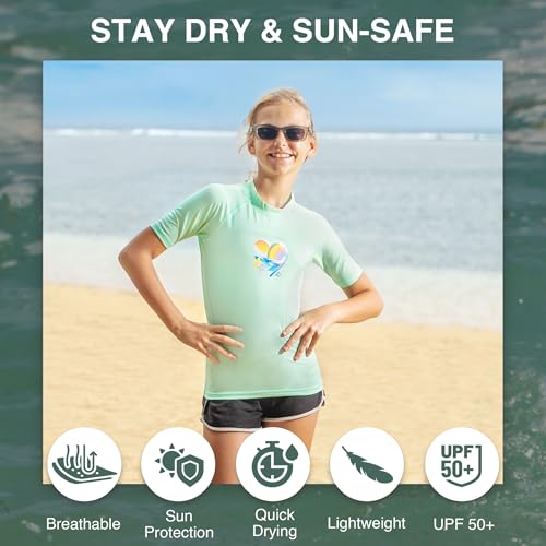 Image of Kanu Surf Girls' Jade Rash Guard UPF 50+ Sun Protection Short Sleeve Swim Shirt