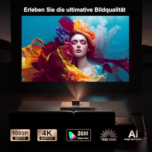 Beamer 4K Passend für Netflix Dolby Audio 35000L 1080P FHD Smart Beamer Heimkino, KI-Autofokus & Trapezkorrektur Jimveo Projektor mit Zwei-Wege Bluetooth WiFi6 Outdoor 300 Display Video Projektor