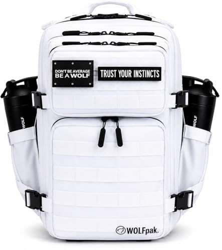 WOLFpak 35L Tactical Gym Backpack (Polar White) Durable 1000D Waterproof Oxford Material with MOLLE Webbing Laptop Pocket & Dual Cup Holders Durable Fitness/Travel/Military Daypack