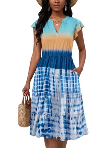 Image of Womens Summer Dress Ruffle Sleeve V Neck Midi Dresses Casual Fit Flowy Tiered Boho Beach Vacation Sundress