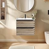 JINDOLI 24 Inch Bathroom Vanity with Sink, Modern Vanity Bathroom with 2 Extra Big Drawers, Wall Mounted Floating Bathroom Vanities Cabinet Set with Wavy Panel Design, Golden Oak