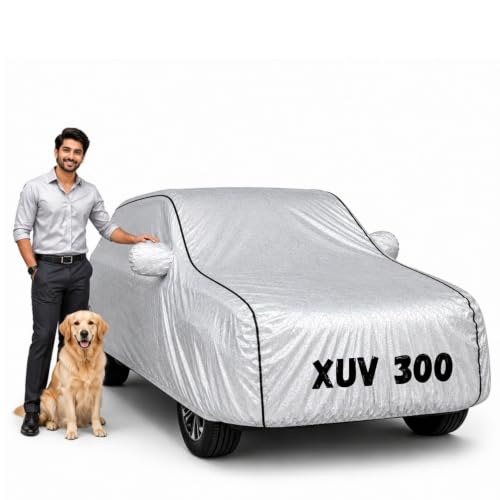 Image of Waterproof Car Cover for Xuv 300 | Soft Cotton Lining Heavy Duty Triple Stitched Heat Resistant Outdoor Cover Comes with Mirror and Antenna Pocket Full Bottom Elastic (Zig Zag Silver)