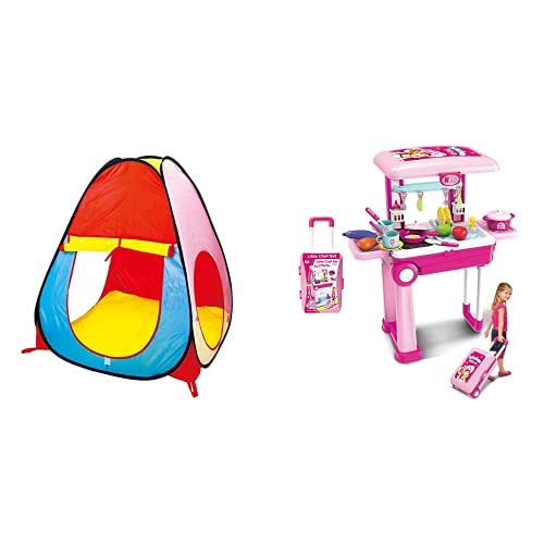 Image of Popsugar Camp N Play Tent for Kids | Indoor or Outdoor, Foldable Tent, Portable, Multicolor & Popsugar Luggage Kitchen Set with Light and Music (Pink,TH008-921A) Combo
