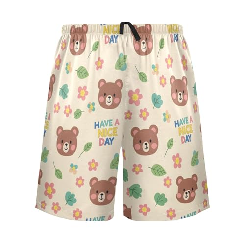 Bear Leaves Beige Pajama Shorts for Men Lounge Pants Sleep Lounge Pant Mens Casual Pajama Shorts with Pockets, S-XXL