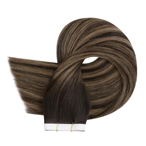 Image of Full Shine Invisible Tape in Hair Extensions Human Hair, 2 /8 /2 Dark Brown with Honey Brown Highlights, Wide Weft Tape in Extensions Silky Straight Brazilian Extension 24 Inch 50g 1pcs Natural Look