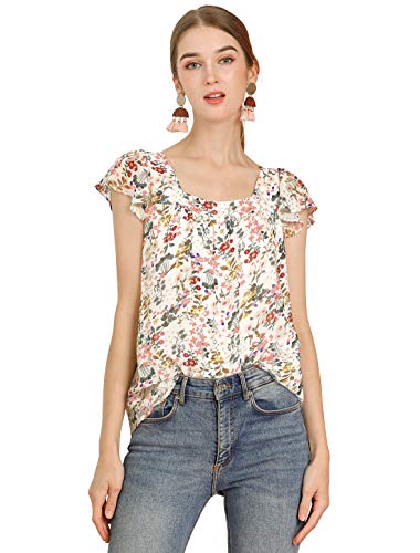Allegra K Women's Floral Blouse 2025 Summer Casual Square Neck Chiffon Short Sleeve Easter Ruffle Shirts