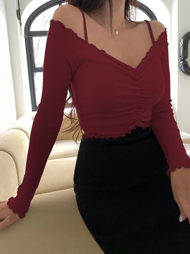 Image of Sugathari Women's Purple Solid Colour Open Cold Off Shoulder Long Sleeve Lettuce Hem Casual Autumn Trim Tight- Slim Fitting Ruched Front Ladies' Camisole Top, Tee, T-Shirt (T-Shirt 184)