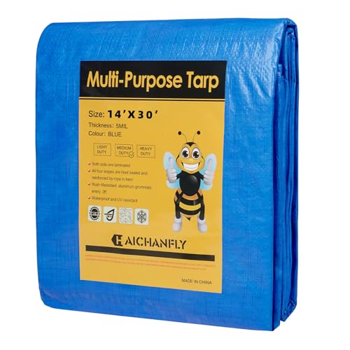 HAICHANFLY Double-Sided Waterproof Poly Tarp 14x30 Feet 5mil Thick Polyethylene Tarps, Perfect for Outdoor Use, Plastic Cover & Mat for Tent Camping Storage Boat Bikes Vehicles