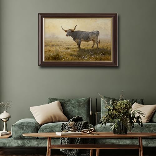 Image of Antique Framed Longhorn Cattle Canvas Wall Art, Western Farm Animal Oil Painting Canvas Prints, Vintage Ranch Wall Decor Pictures for Living Room Bedroom Office Bathroom