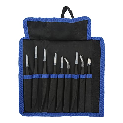 9Pcs Tweezer Set, Stainless Steel Curved Tips Tweezer Set with Anti Slip Pointed, with Storage Bag, for Electronic Repairs, Cell Phone Repair