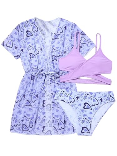 Image of Girl's 3 Piece Bikini Set Hear Print Criss Cross Swimwear Bathing Suit Swimsuit with Kimono Cover Up Purple 12-13Y