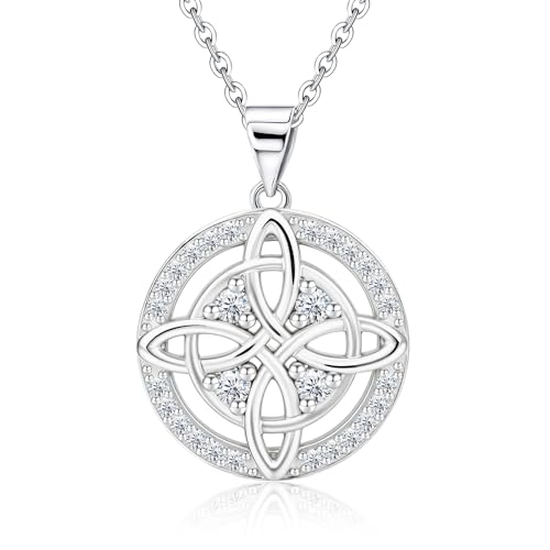 Celtic Knot Necklace S925 Sterling Silver Cubic Zirconia Trinity Love Knot Circle Pendant Nudo de Bruja Witches Knot Irish Jewelry Gifts for Women Mom Wife Her Birthday Christmas Anniversary