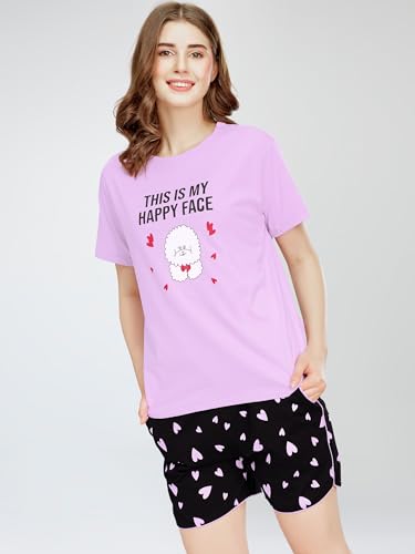 Image of ZEYO Night Suit for Women's Typography Printed Cotton Night Dress of Top and Shorts