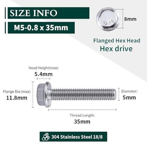 Image of M5-0.8 x 35mm Hex Flange Bolt (1.38 inch Thread Length), DIN6921, Serrated Locking Flange, 304 Stainless Steel, UNC Full Thread, 30-Pack