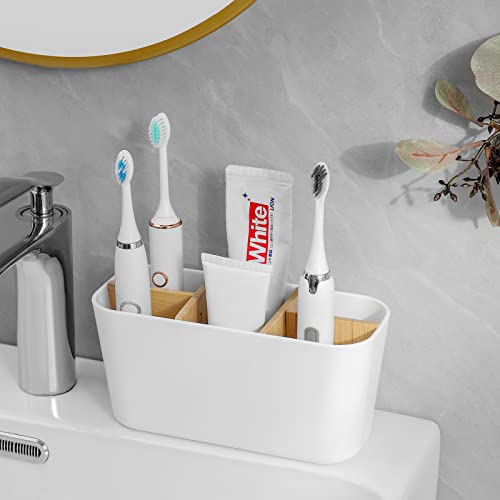 Toothbrush Holders For Bathrooms, Bamboo Tooth Brush Holder With 5 Slots Bathroom Vanity Organizer Countertop For Electric Toothbrushes, Toothpaste, Razors - White #TOP1