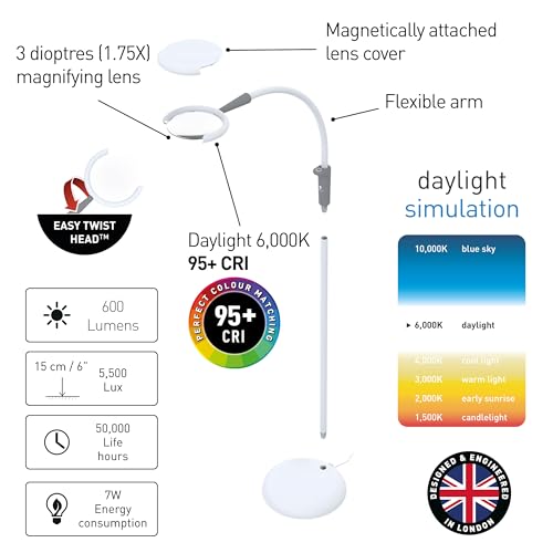 Daylight Company - Magnificent Pro - Magnifying lamp, Bright 6,000K Daylight LEDs, CRI 95+, 3 in 1 Lamp, 1.75X semi-Rimless Lens, Lumens: 600, White - Image 3