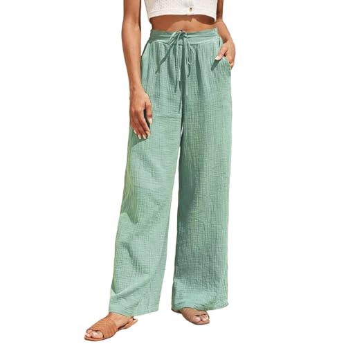 Women Linen Pants Wide Leg Casual Palazzo Beach Summer Drawstring Waist Cotton Linen Trousers Lounge with Pockets