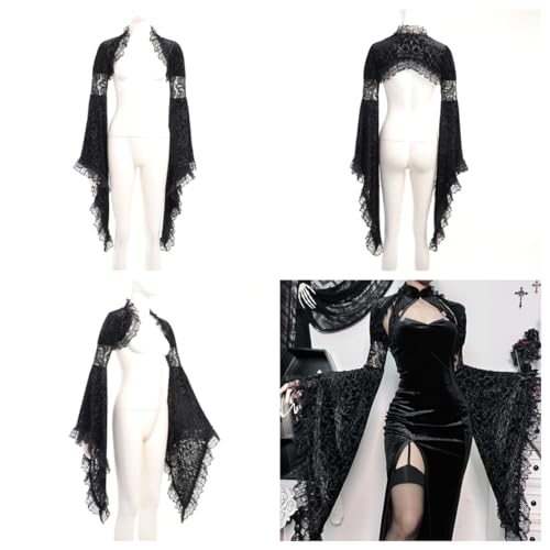 Womens Gothic Shrug Goth Lace Cardigan Mesh Bell Sleeve Shawl Y2k Crop Top Punk Shirt4