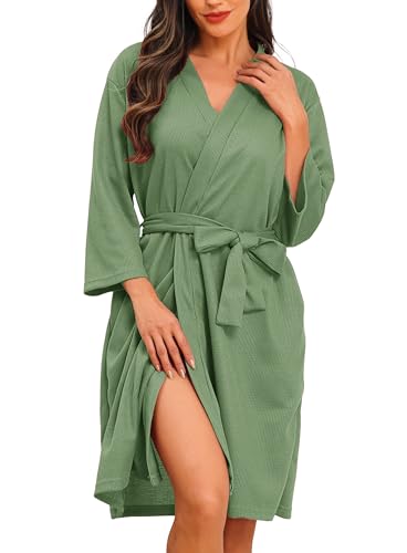 Lovasy Bademantel Damen Waffelpique 3/4 Ärmel Saunamantel Waffelstrick...