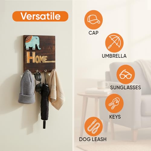 Image of AAKRITI ART CREATIONS Key Holder, Hola Wooden Key Holder with Hand Painted Elephant and Home Design | Rustic Mango Wood Wall Organizer with 4 Hooks | New Home Gifts.