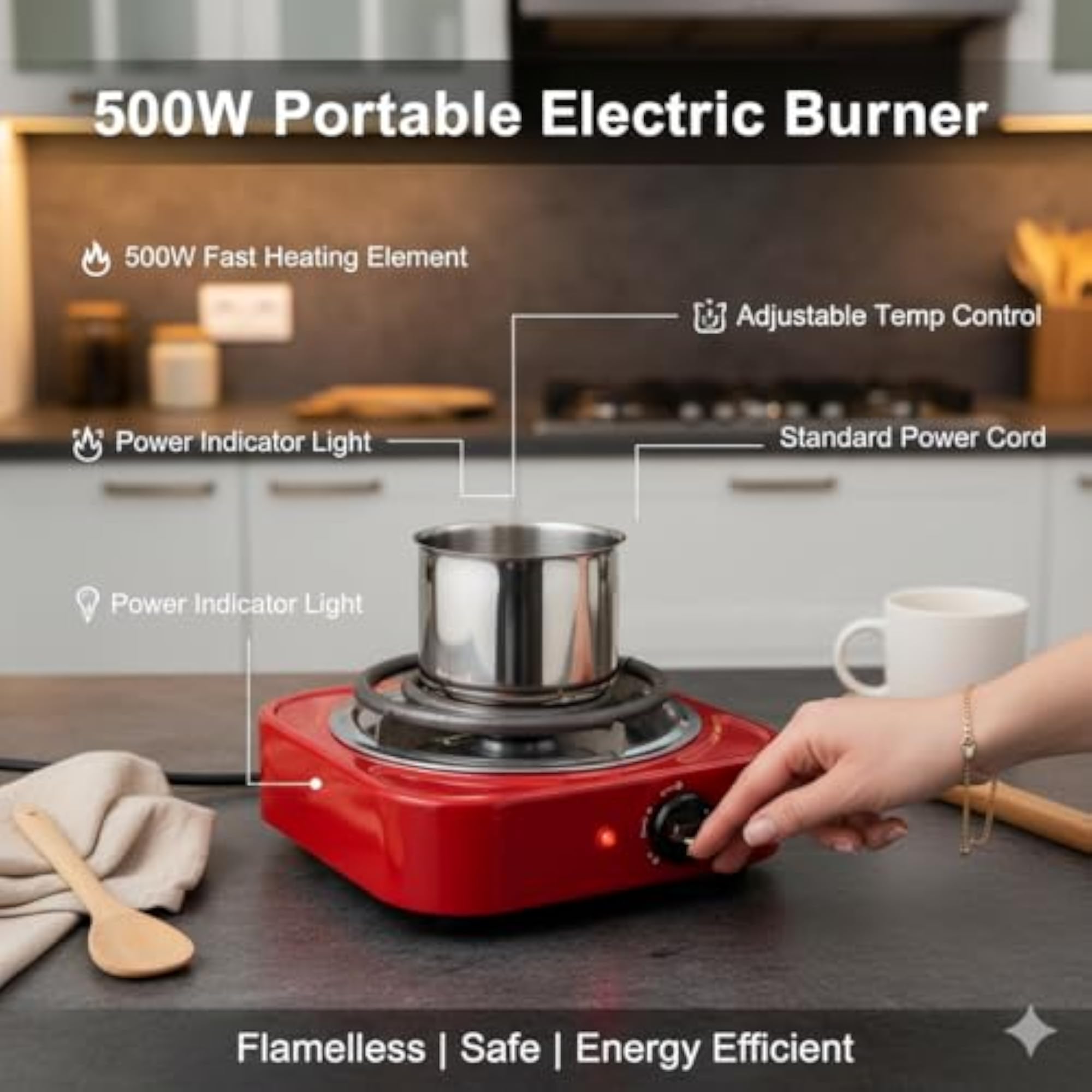 Portable 500W Electric Hot Plate, Single Burner Cooktop