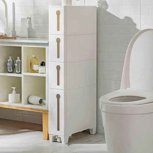 Cassettiera sottile con 4 cassetti e 2 rotelle, armadio da bagno stretto per piccoli spazi