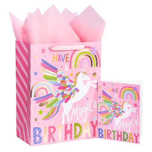LeZakaa 13 Unicorn Birthday Gift Bag with Tissue Paper and Greeting Card Foil Rainbow Winged Unicorn Design Magical Happy Birthday Gift Bag for Kids Girls 13 x 10 x 5 1 Pc