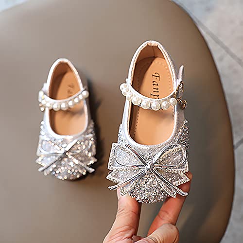 EnJoCho Girls Toddler/Little Kid Pearl Crystal Dress Flats Shoes Bow Flower Girl Ballet Flat Bling Bowknot Princess Sandals2