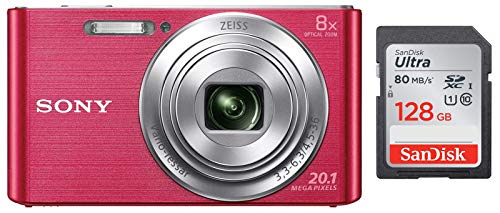Image of Sony CyberShot DSC W830 20.1 MP Point and Shoot Camera (Pink) with 8X Optical Zoom and Camera Case + SanDisk 128GB Ultra SDXC UHS-I Memory Card - 100MB /s, C10, U1, Full HD, SD Card
