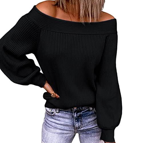 Générique Pull Femme Sexy ÉPaules DéNudéEs Pulls Pull Manches Longues Couleur Unie Pulls Hauts Chauve-Souris LâChe en Tricot De CâBle (M,Le Noir)