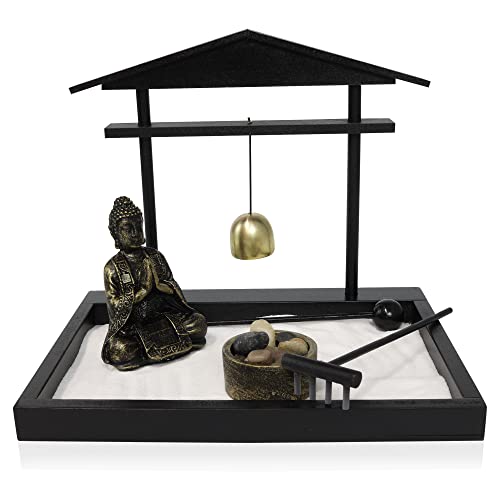 Japanisches Zen-Gartenset, Heimdekoration - Mini Zen-Garten Buddha mit Glocke zum Aufhängen, Torbogen, Büro-Zubehör - Zen Sand Garten Schreibtisch Büro Dekor - 21,6 x 16,5 x 17,8 cm Cover