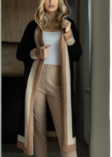 yoeasy Women's Color Block Striped Hooded Knit Long Cardigan Sweaters Oversized Open Front Long Sleeve Outwear Coat3