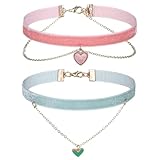 salbsever 2 Pcs Choker Necklaces for Women Bling Bling Velvet Choker Necklace Set with Heart Pendant Adjustable Cute Velvet Chokers Green Chokers for Women Valentine's Day（Pink and Mint Green）