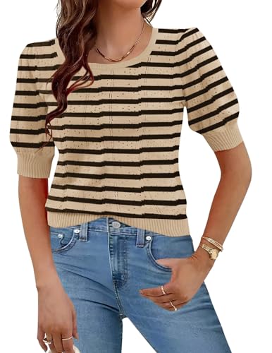Image of HOTOUCH Sweater for Women 2026 Fall Trendy Puff Tops Casual Eyelet Knit Square Neck Tunic Shirt Blouses Beige Black Stripe XXL