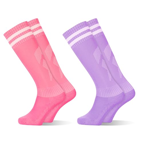 GRPSKCOS - GRPSKCOS Fußball Socken Kinder, 2 Paar Fußball Stutzen Kinder Sport Jungen Mädchen Fussball Socken Kniestrümpfe Kleinkind Streifen Schule Uniform Strümpfe（#6 Rosa+Lila，3-6 Jahre