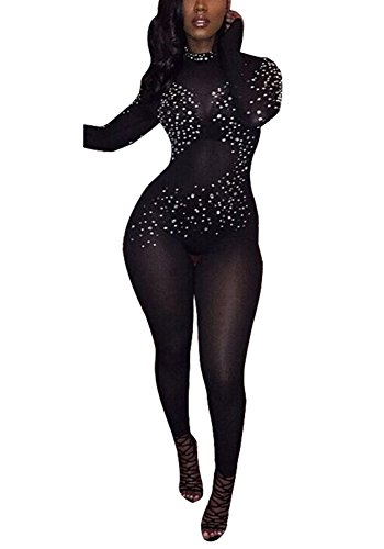 MS Mouse Womens Sexy Rhinestone Sheer Mesh Jumpsuit Long Sleeve Clubwear Rompers, Black, Small