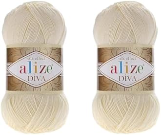 Alize Diva Microfiber Acrylic Yarn - Silk Effect Thread for Crochet & Lace Craft - Cream, 200gr, 767 yds (Lot of 2 skeins)
