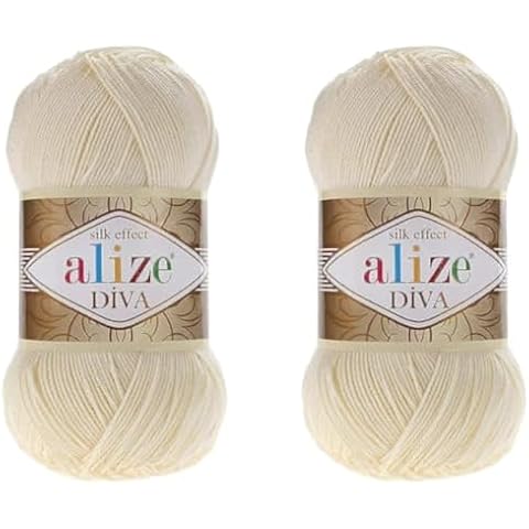 Alize Diva Yarn Hand Knitting Yarn 100% Microfiber Acrylic Yarn Alize Diva Silk Effect Thread Crochet Art Lace Craft Lot of 2 skeins 200gr 767 yds (01-Cream) Cover