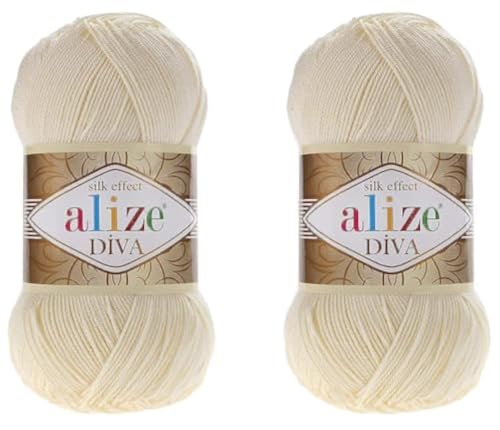 Alize Diva Yarn Hand Knitting Yarn 100% Microfiber Acrylic Yarn Alize Diva Silk Effect Thread Crochet Art Lace Craft Lot of 2 skeins 200gr 767 yds (01-Cream)