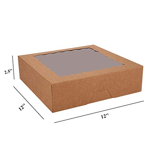 20-Pack Pie Boxes 12\" x 12\" x 2.5\", Bakery Boxes with Window, Brown Cookie Boxes, Auto-Popup Treat Boxes for Pies, Cakes, Muffins, Donuts and Pastries