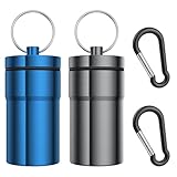 Portable Pill Case Keychain (2 Pack), Large Waterproof Aluminum Pill Container for Round Glucose Tablets & Critical Medicine, Small Pill Holder Travel Pill Box Bottle with Carabiners (Grey Blue)