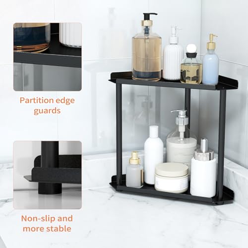 STWWO 2 Etagen Eckregal Badezimmer Standregal, Edelstahl Eckregal Stehend Klein Küchenregal Arbeitsplatte Aufbewahrung Gewürzregal Schminkorganizer Schwarz, 27x15x27 cm