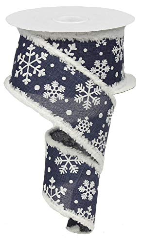 Image of Navy Blue Snowflakes Wired Ribbon - 2 1 /2 inch x 10 Yards, White Chenille Edges, Sparkling White Snowflakes, Christmas Decor, Wreath, Hanukkah, Holiday Garland, Bows, Gift Basket
