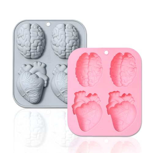 2er Pack 3D Menschliches Gehirn Herz Silikonformen, MaehSab Realistische Halloween Organformen für Schokolade, Pudding, Dessert, Gelee, Handgemachte Seife, Kerze, Kuchen, Harz Bastelbedarf