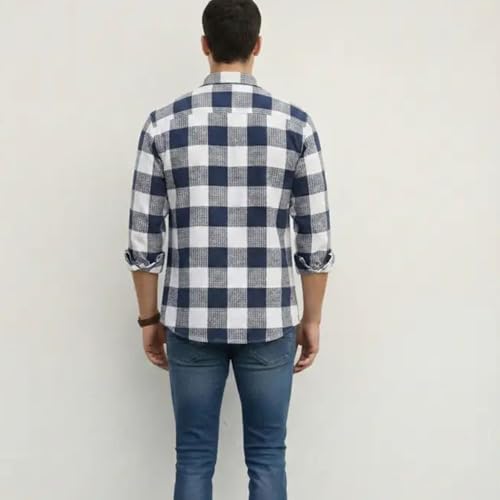 Image of MiraMichi Men's Pure Cotton Blue Checkered Full Sleeve Shirt - Regular Fit, Casual Wear, Comfortable and Stylish Design